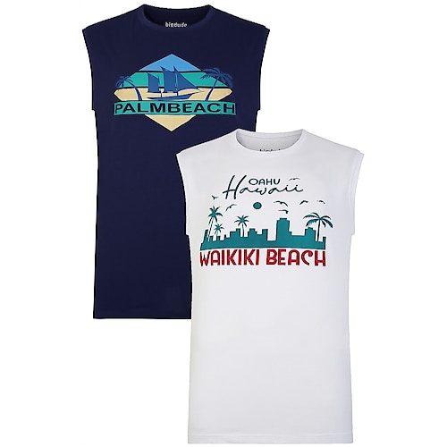 Bigdude Ärmelloses T-Shirt mit Stranddruck im Doppelpack Navy/Weiß Tall
